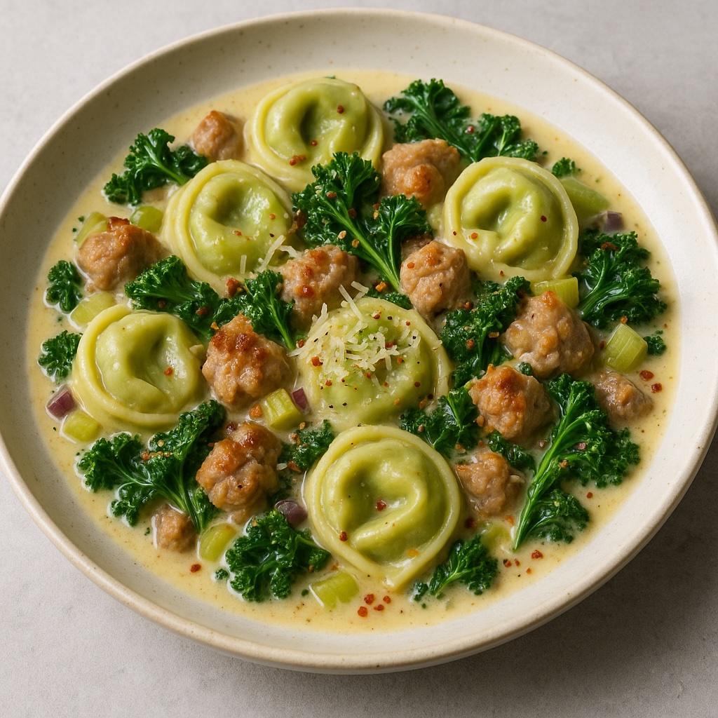 Publiceerde Tortellini met kipgehakt, groente en romige saus